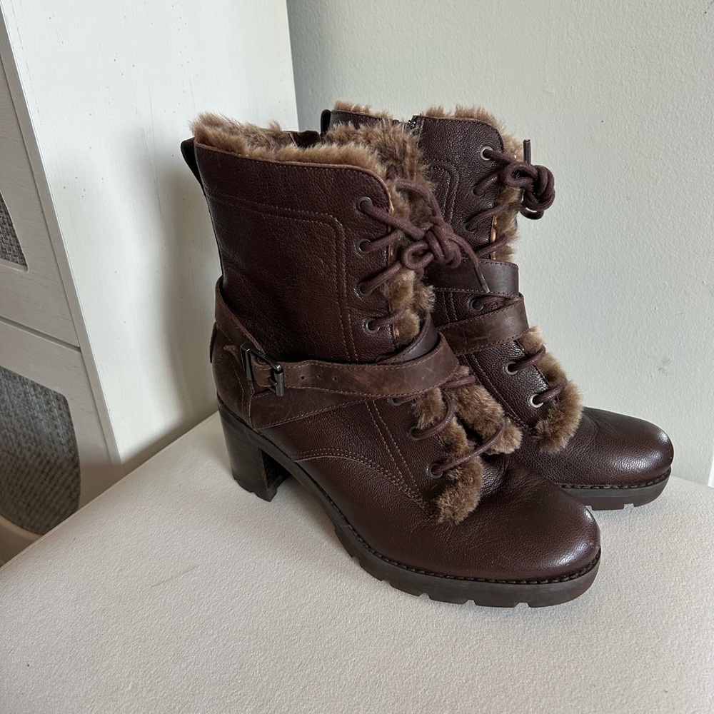 UGG Dark Brown Lace Up Fur Boots